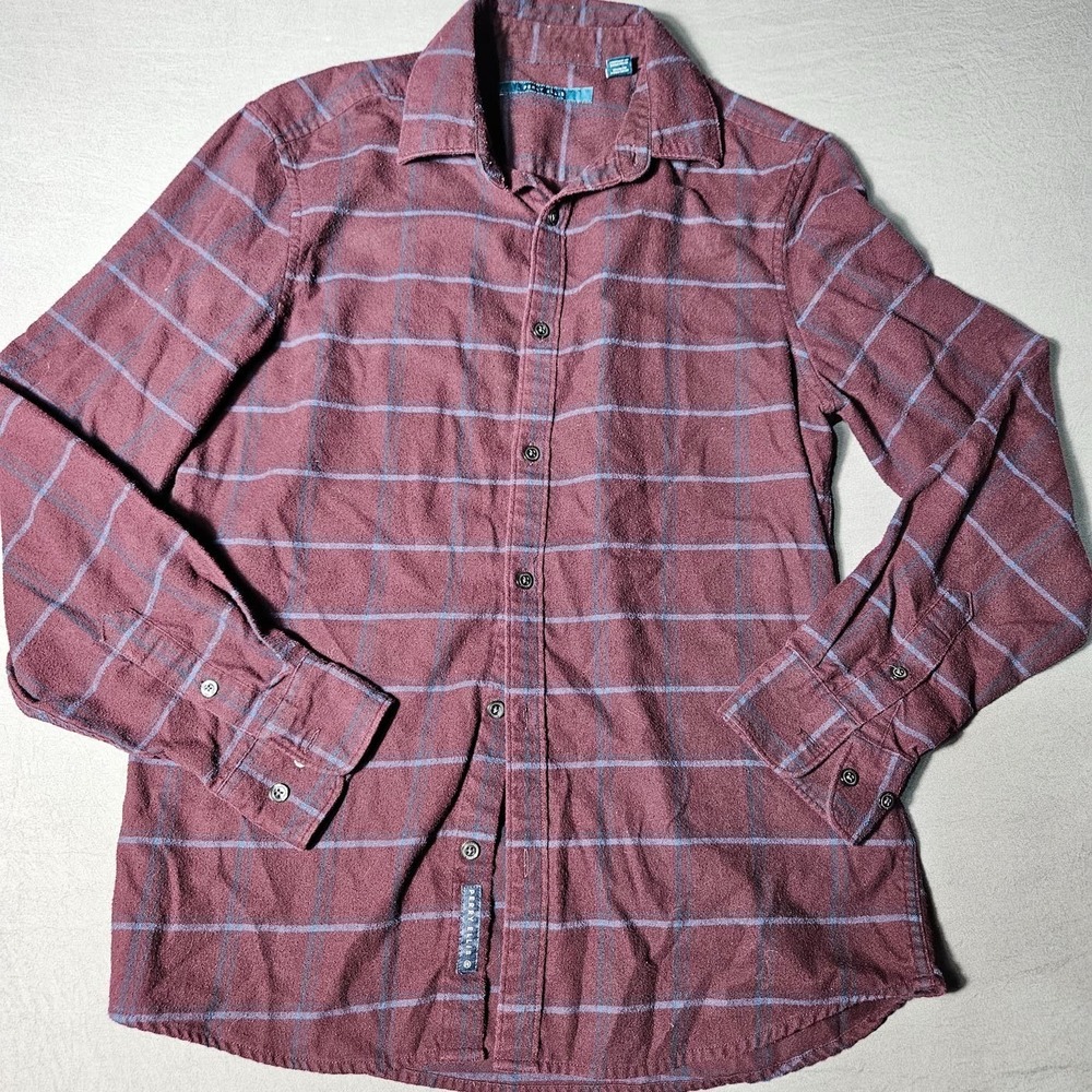 Perry Ellis Plaid Flannel Button Up Shirt Mens Small Burgundy Blue Long Sleeve